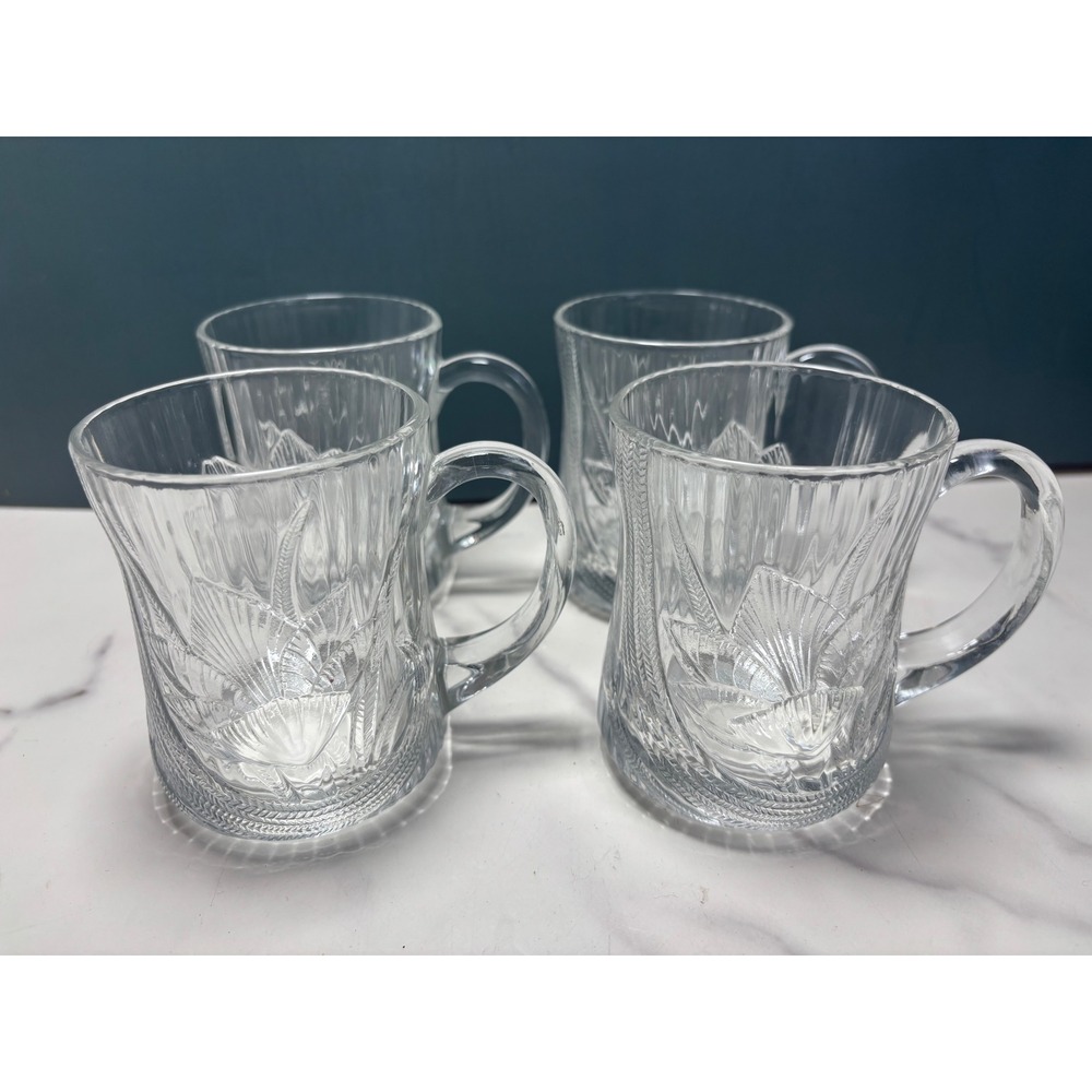 4 Pc Arcoroc France Glass Coffee Mug Floral Tulip Embossed Clear Tempered Glass
